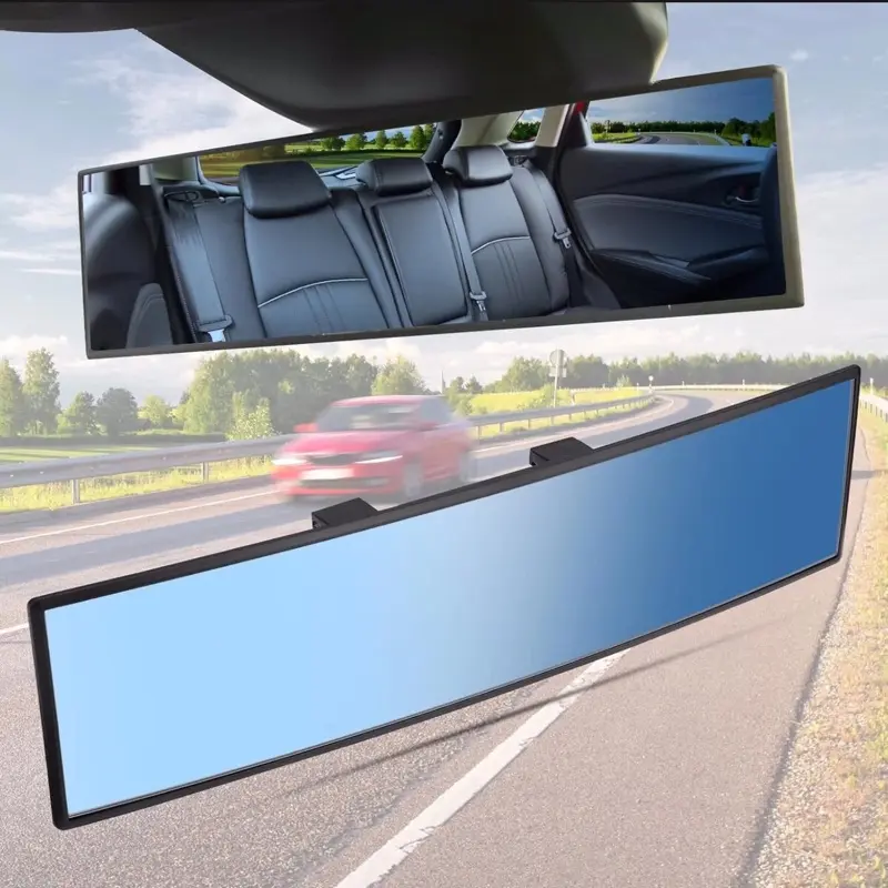 11.8"/300mm Wide Anti-Glare Blue Tint Flat Clip On Rear View Mirror for All Cars Enhances Visibility and Safety