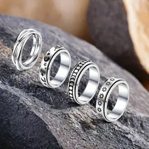 4 Piece Vintage Stainless Steel Fidget Ring Set Moon Star Celtic Design Spinner Rings for Stress Relief Unisex Wedding Couple Jewelry