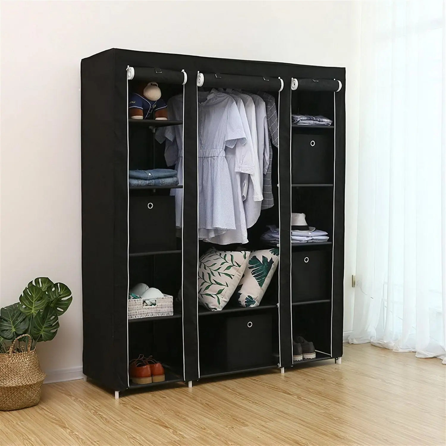 69" Wardrobe Closet, Non-Woven Fabric Storage Unit Wardrobe, Quick & Easy-To-Assemble Wardrobe Closet, Extra-Strong Durable Home Organizer Storage Rack, Black