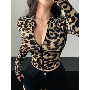 Sexy leopard print long sleeved zipper jacket, zipper vest, autumn fashion, comfortable polyester stretch fabricRAIMENTRY