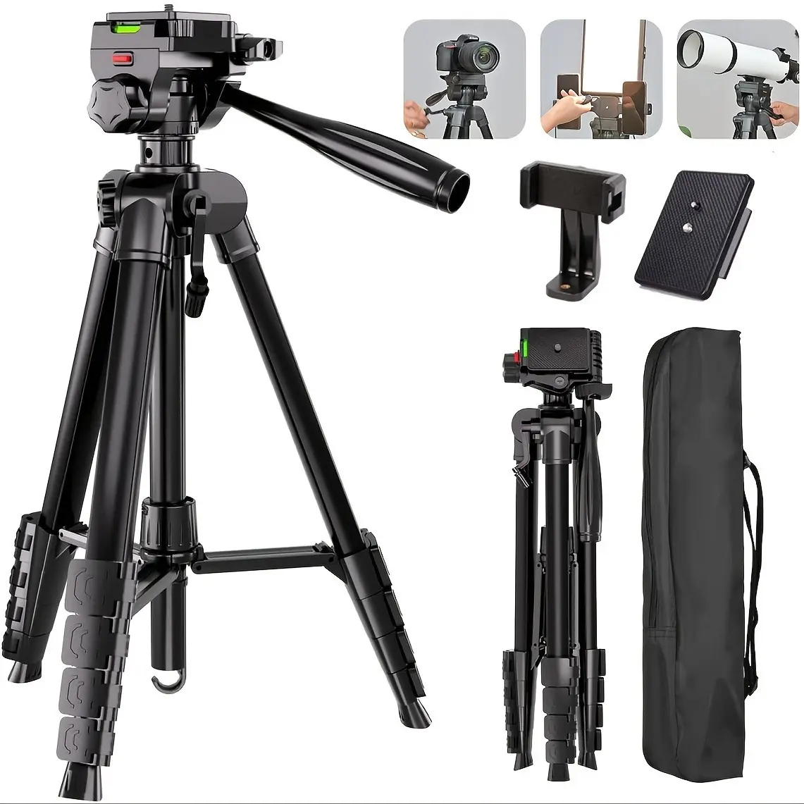 74" Adjustable Aluminum Camera Tripod Stand (555TK) with Detachable Pan-Tilt Head, Phone Holder, Smartphone Accessories for Live Streaming, Photography