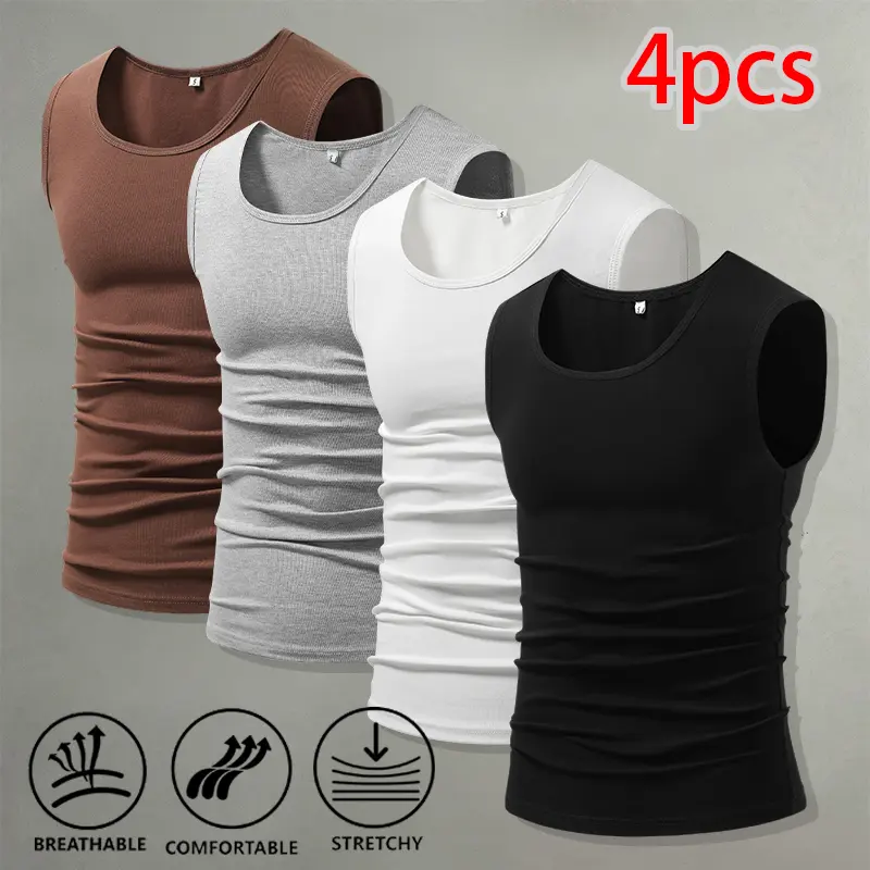Men's 4-Piece High-Stretch Ribbed Tank Tops Set - Minimalist Clean Design, Solid Cotton-Elastane, Lightweight Breathable Layering Tops for Gym, Commuting, Breathable Sleeveless Tops, Casual Sleeveless Ribbed