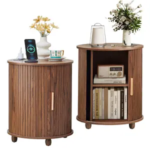 Giratree Fluted Round End Table with Charging Station, Farmhouse Small Sofa Side Table with Sliding Tambour Door & Storage, Mid-Century Wood Fulted Nightstands for Living Room, Bedroom