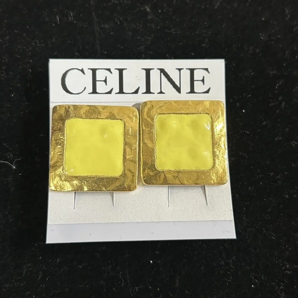 Pre-owned Celine As Shown Shoulder Bags Vintage Yellow Enamel Hammered Gold Square Clip on Earrings 10267658