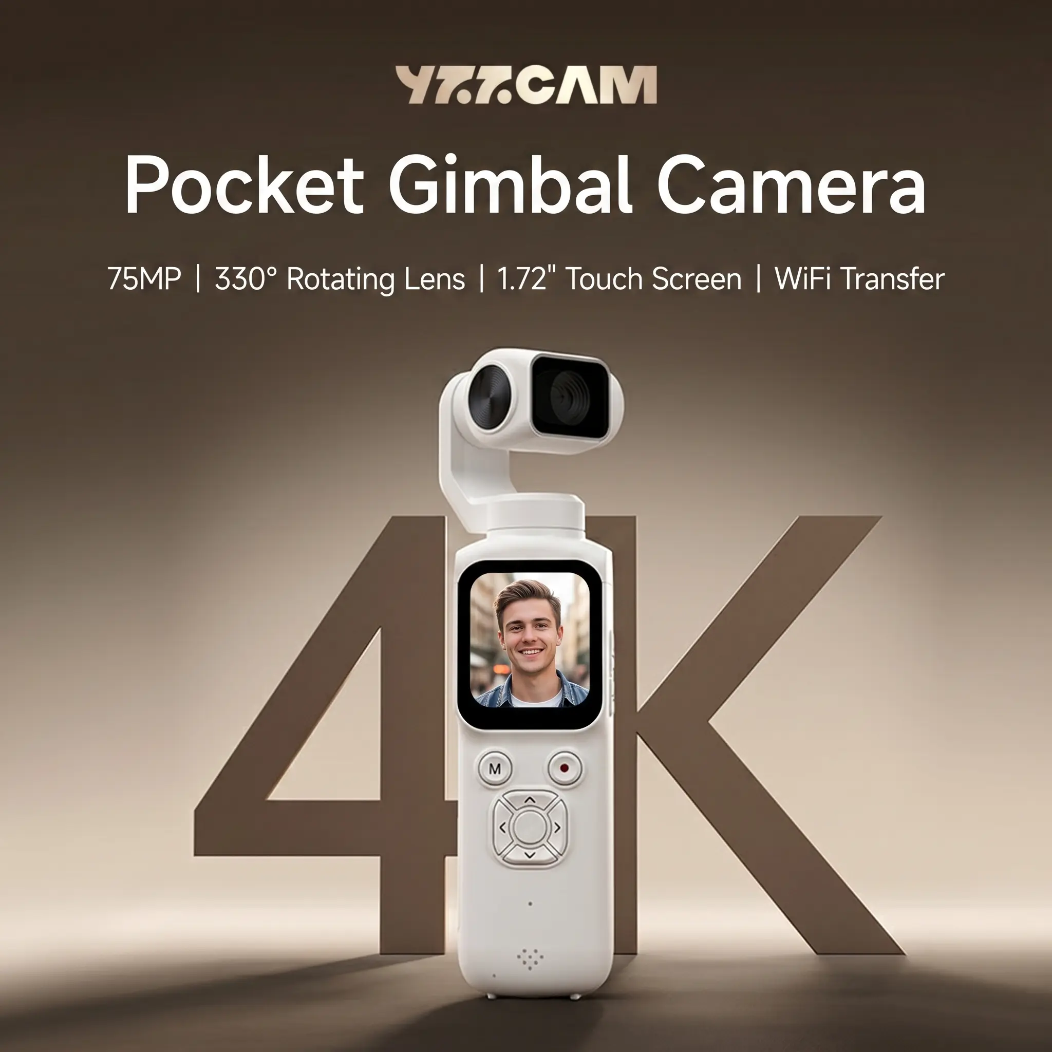 pocket gimbal camera with a 330° rotating lens, includes a 32GB memory card, supports automatic face tracking and 4x zoom, features Wi-Fi transfer to smartphones, a 1.72-inch touchscreen, and built-in smart beauty filters