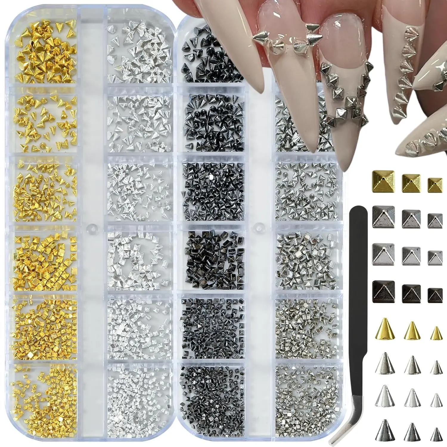 2 Box Goth Nail Charms Punk Metal Nails Studs Square Cone Spike Gold White Gold Silver Black Accessories Nail Art Decoration Nail Decoration Supplies