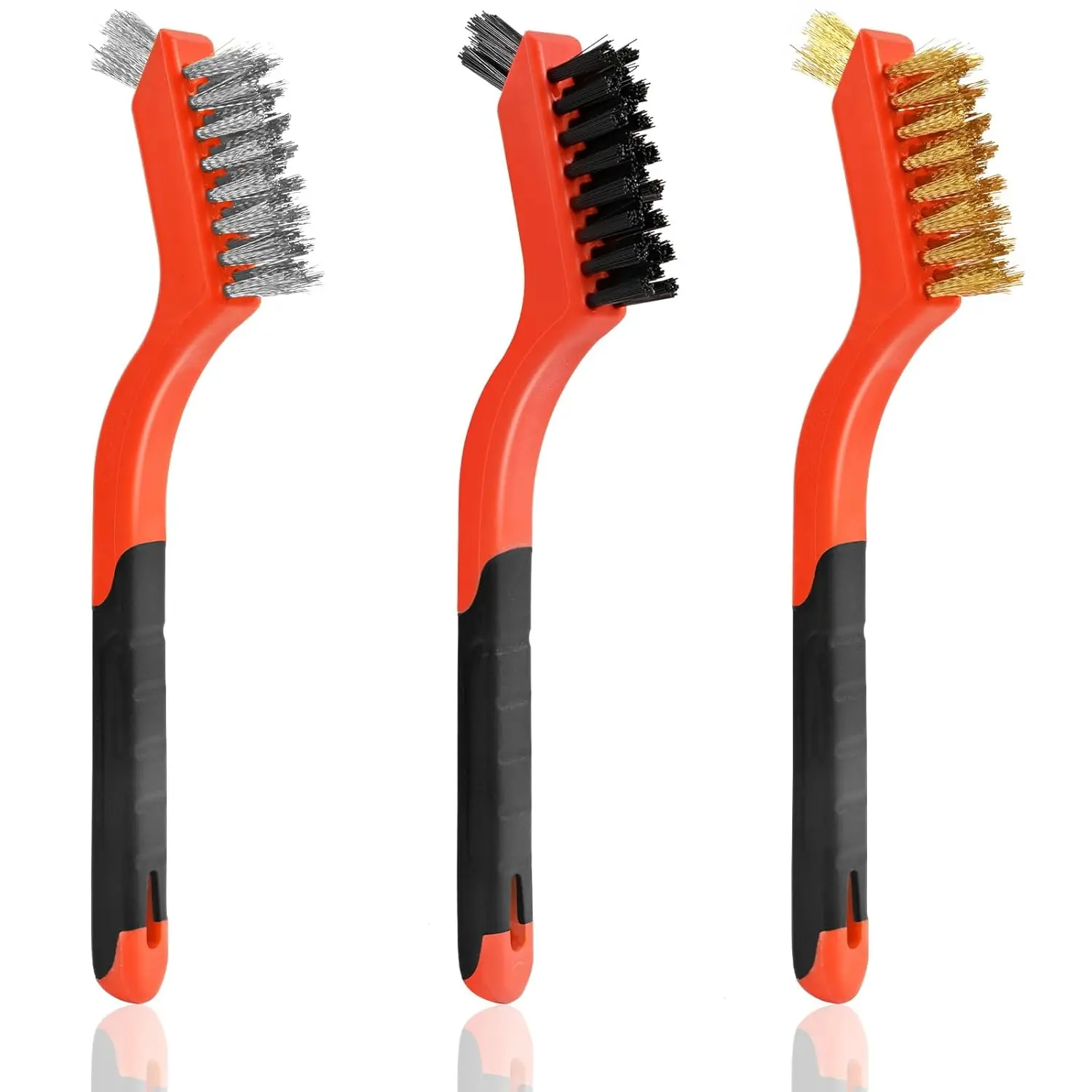 3pcs Wire Brushes for Cleaning Rust, Upgrade Wire Brush Set - Brass/Stainless Steel/Nylon Bristles, Small Metal Wire Brush with Curved Handle Grip, Wire Brushes for Paint and Stain