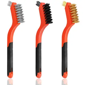 3pcs Wire Brushes for Cleaning Rust, Upgrade Wire Brush Set - Brass/Stainless Steel/Nylon Bristles, Small Metal Wire Brush with Curved Handle Grip, Wire Brushes for Paint and Stain