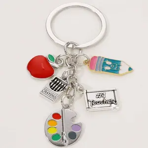 Oil Pencil, Silvery Red Apple, Drawing Board, Keychain Gift for Teachers And Classmates, Five-Section Chain, Graduation Season Keychain, Car Enthusiast Keychain