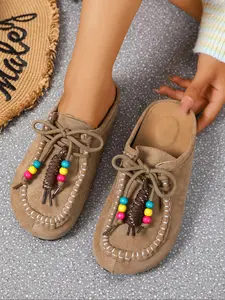 2025 New Women's Round-Toe Cork suede Clog Mules –Boho Beaded Suede Tassel Mules – Women’s Vintage Slip-On Clogs with Arch Support, Soft Cork Sole, and Colorful Beads – Cozy Fall Flats for Walking & Home Foot Clogs Cork Footed Mules