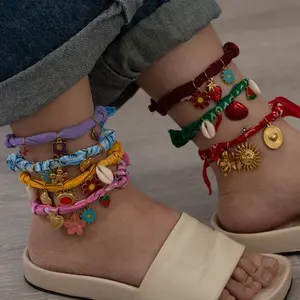 1 PC Colorful Silk Scarf Anklet Chain for Women Girls Summer Beach Ankle Bracelet Shell Stainless Steel Drip Oil Pendant Foot Chain Accessories Gifts