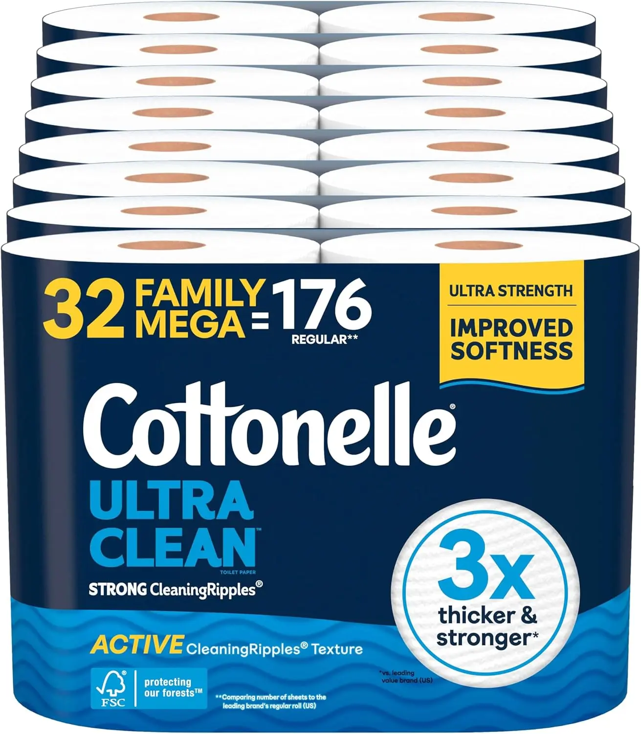 Cottonelle Ultra Clean Toilet Paper with Active CleaningRipples Texture, 32 Family Mega Rolls Equals 176 Regular Rolls, Strong Septic Safe Bath Tissue, Premium Toilet Paper for Home and Family Use, Pack of 8 (4 Rolls Each)