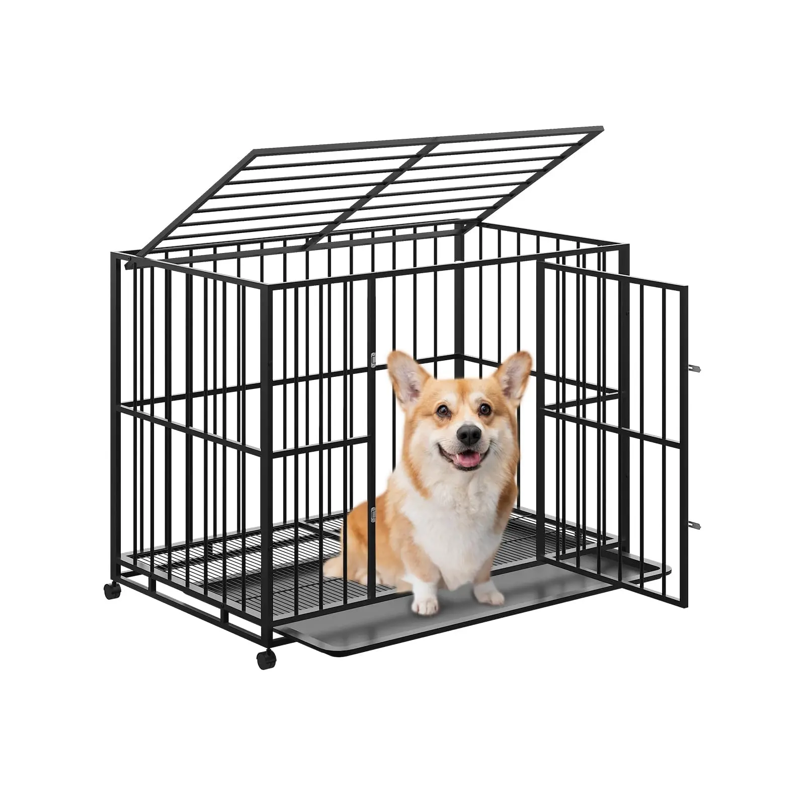 Garvee Dog Crate, Heavy Duty Stainless Steel Dog Kennel for Medium Dogs, 36 Inch Escape Proof Dog Cage with Wheels, Indestructible Stackable Crate for Small High Anxiety Dogs, Silver
