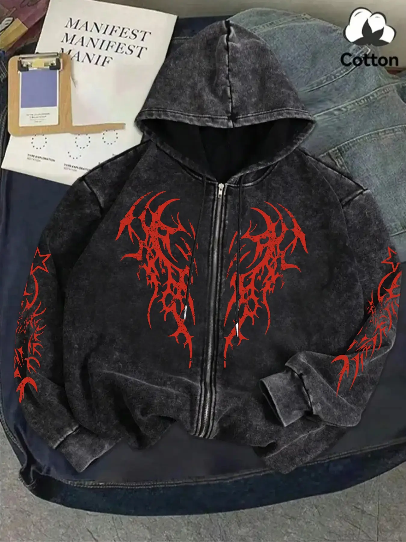 Men's Authentic Vintage Look Full Zip-Up Long Sleeve Hoodie, Graphic Hoodies, Baggy Gothic Skeleton Wings Print, Heavyweight Cotton Faded Black Street Style Casual Fashion Streetwear Jacket – Perfect for Fall/Winter