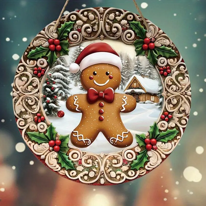 Gingerbread Man Pattern Wooden Hanging Sign, Christmas Round Wooden Hanging Ornament, Wall Decor for Home Garden Balcony