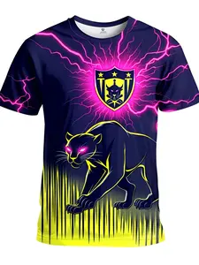 Men's Panther Pattern T-Shirt, Neon Lightning & Panther Print Short Sleeve, Casual Fitted Round Neck Summer Wear