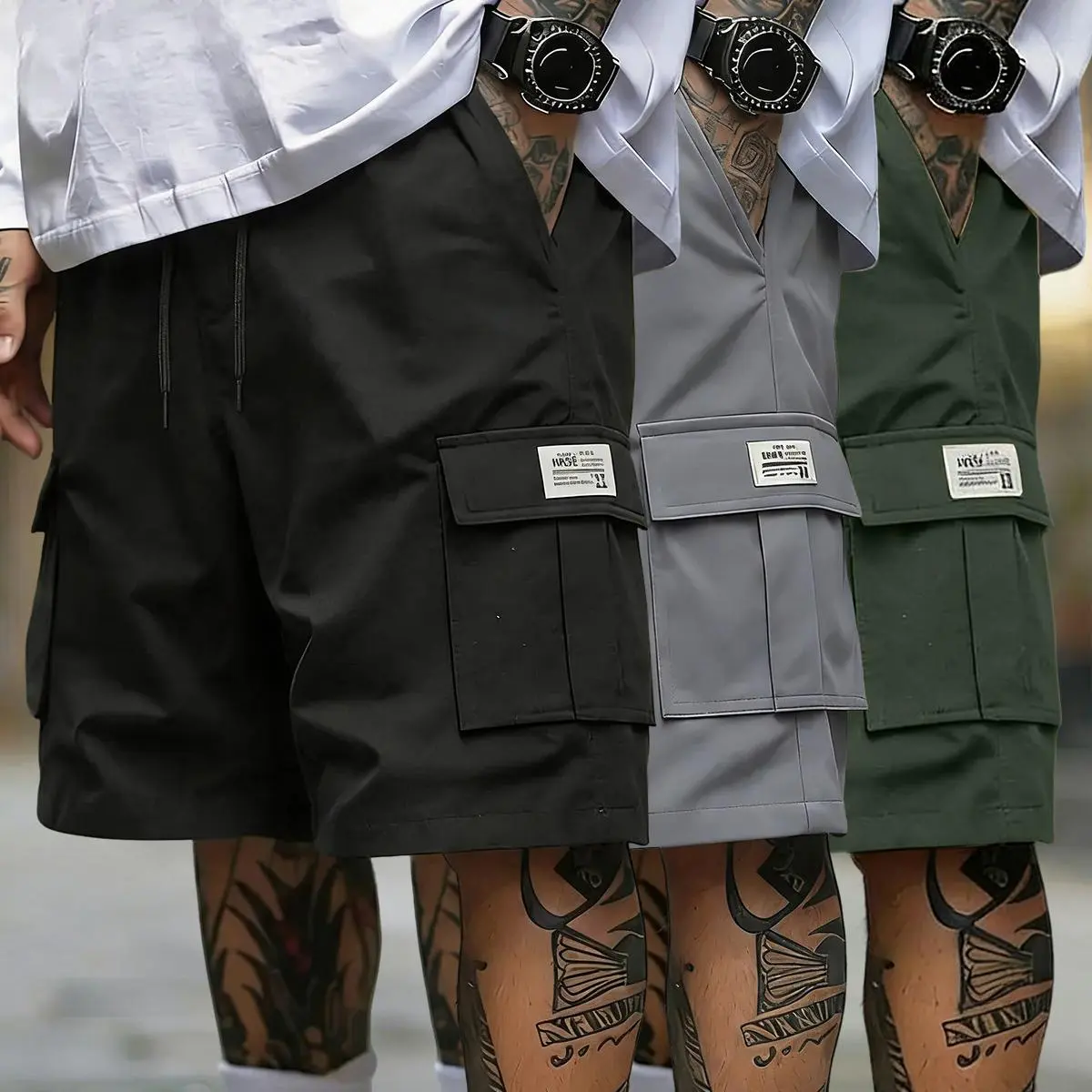 Men’s 3-Piece Casual Cargo Baggy Shorts Set - Loose Fit, Elastic Drawstring Waist, Lightweight Breathable Fabric, Multifunctional Pockets, Tropical Streetwear Fashion Clothes for Summer Sports & Everyday Wear