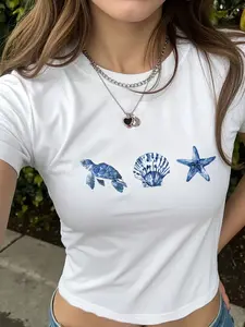 Women's Watercolor Marine Life Crop Top | Turtle, Shell & Starfish Print Casual Slim Fit Cropped Short Sleeve Tee
