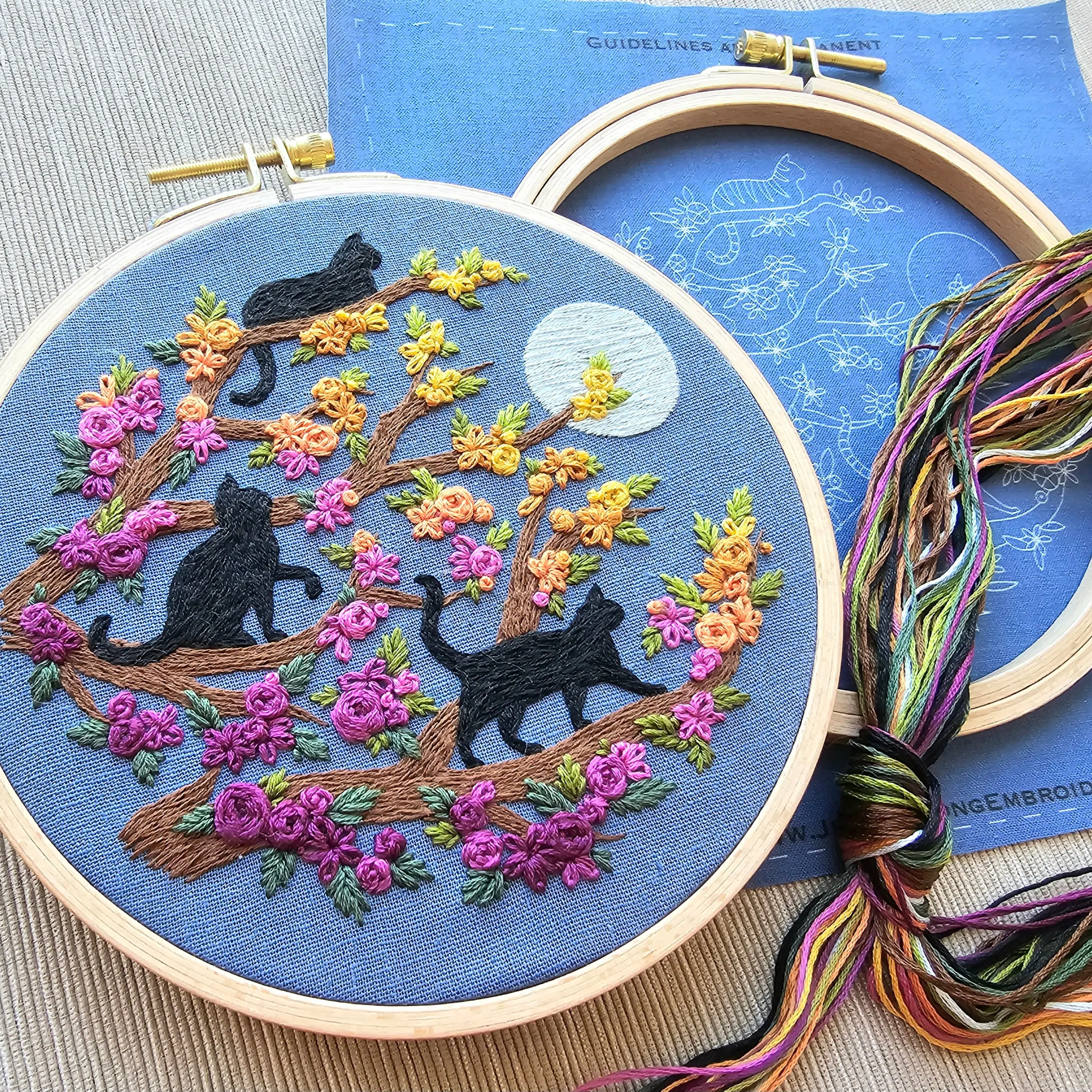 Black cats hand embroidery kit "Catwalk" with orange tabby option, embroidery pattern and supplies with online video tutorial