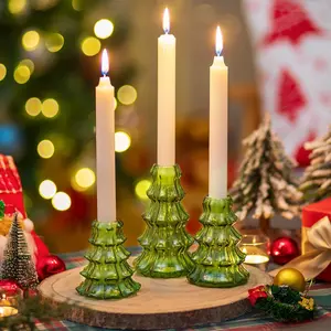 NUPTIO Christmas Tree Candle Holder: 3 Pcs Green Glass Candlestick Holders, Indoor Christmas Oraments, Taper Candle Holders for Table Centerpiece Dinner Gathering Party Home Decor