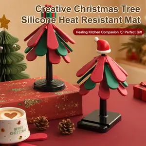 Christmas Tree Silicone Trivet Set with Foldable Storage Stand - 18cm Large Heat Resistant Hot Pads, Non-Slip Coasters, 10mm Thick Food-Safe Silicone Pot Holders for Kitchen Table