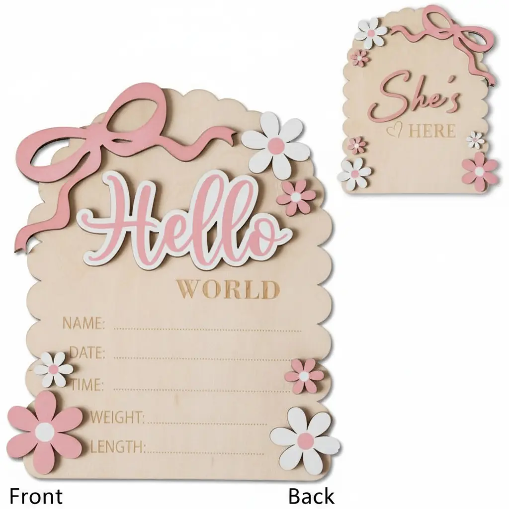 Hello World Newborn Announcement Board Double Sided Birth Plaque Baby Arrival Card Neutral Nursery Decor Photography Prop Keepsake