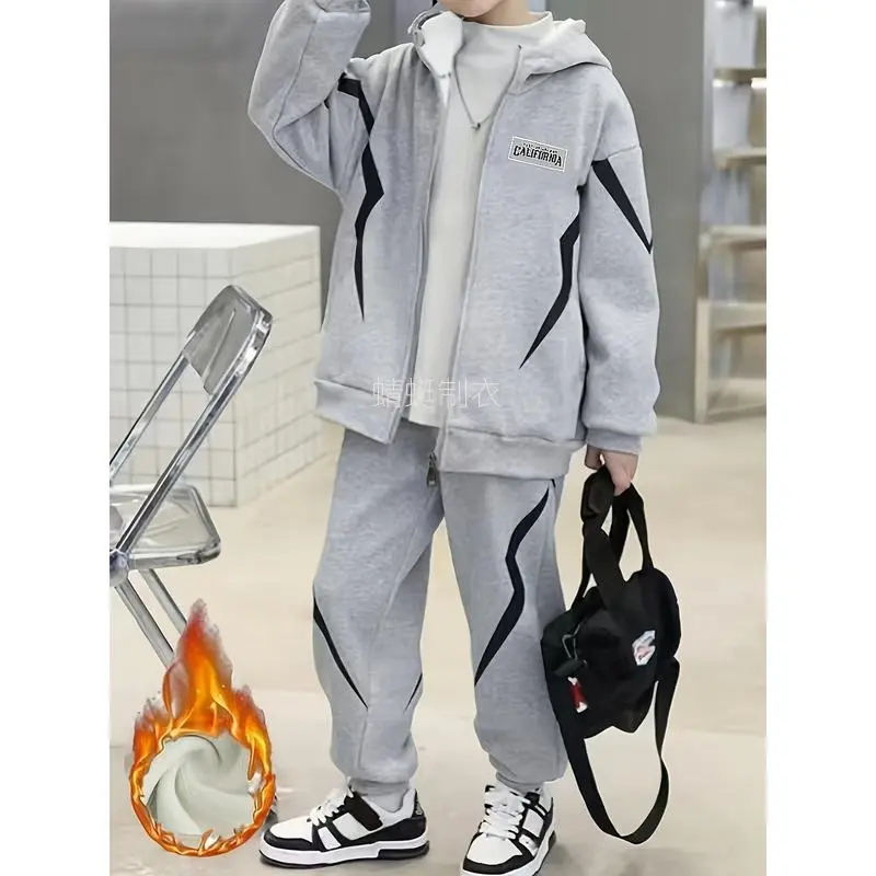 Boys' 2-Piece Loose-Fitting Casual Hooded Tracksuit Set - Long Sleeve Letter Print Zip-Up Jacket, Thick Polyester Pocket Pants, Fall Outfit for 11-12Y,13Y