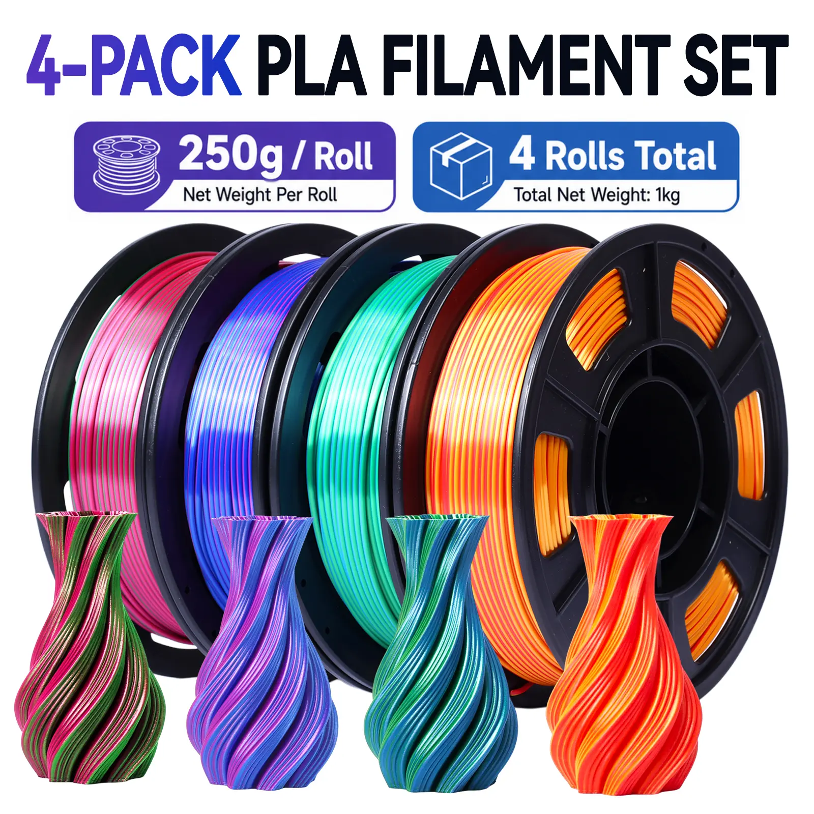 Epelay 3D Printer Filament, Galaxy Glitter PLA 1.75mm, 4 x 250g Spools for FDM Printers - Chameleon Color Shift, Light Burnt Titanium Nebula Purple, Vibrant for Crafts & Gifts, 3D Printing Supplies with Layer Line Hide