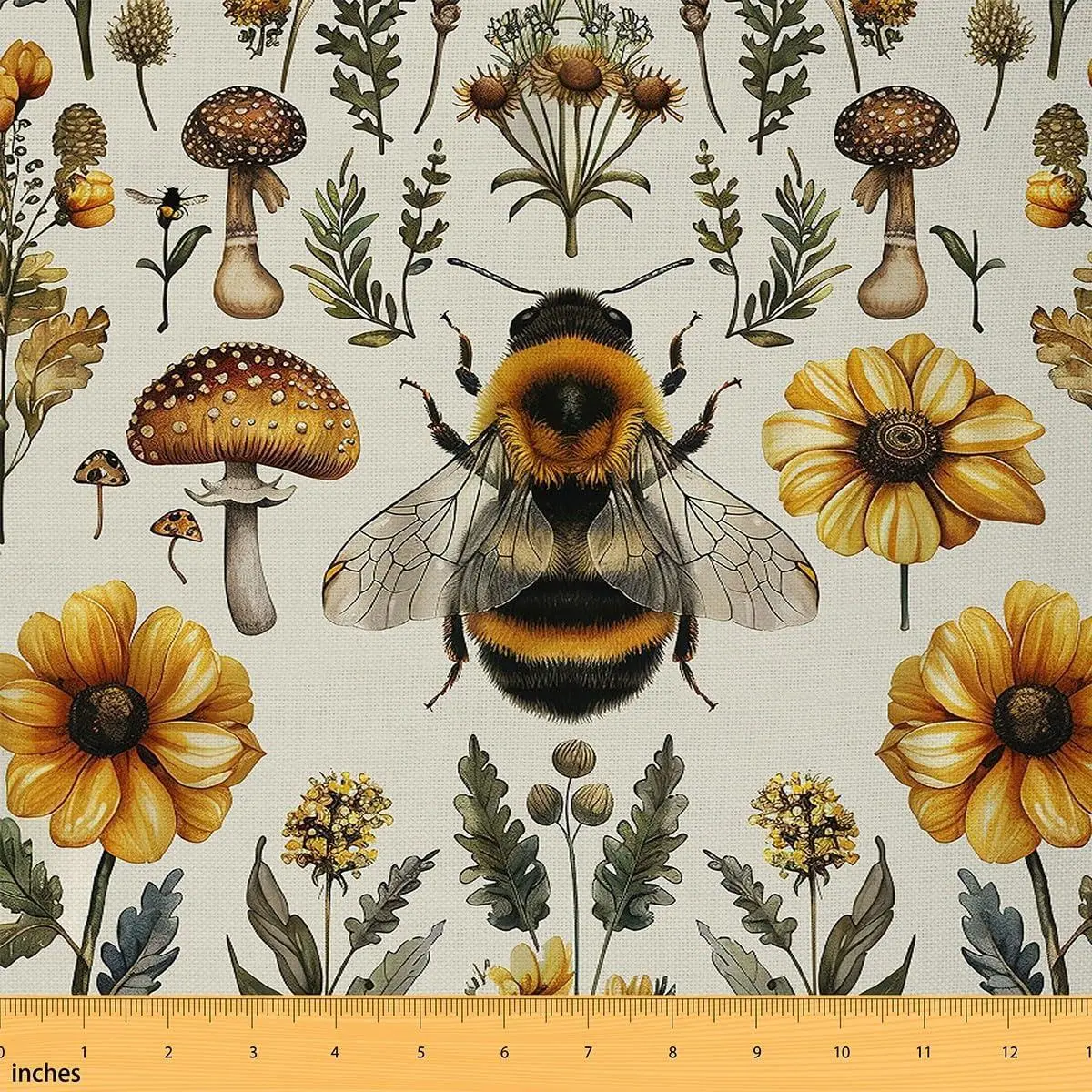 Bee Floral Fabric Wild Animal Mushroom Women Sewing Fabric Rustic DIY Fabrics Soft Flannel Polyester No Stretch Yellow Black Green Crafting Supplies Fabrics