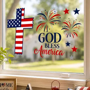 God Bless America Patriotic Glass Sticker - American Flag Cross with Fireworks Vinyl Decal, Removable Window Decal for 4th of July, Home, Door & Car Decor
