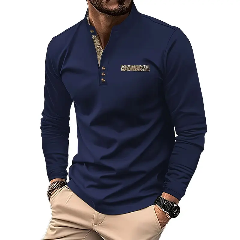 Men's casual long sleeved shirt with leopard print pocket - lightweight elastic polyester, stand up collar, autumn and winter button details