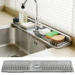 24 Inch Faucet Mat for Kitchen Sink Longer Silicone Splash Guard 7° Slope Self-Draining Dish Soap Holder & Drying Mat for Utensils