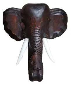 Hand Carved Mahogany Wood Elephant Head African Asian Wall Sculpture