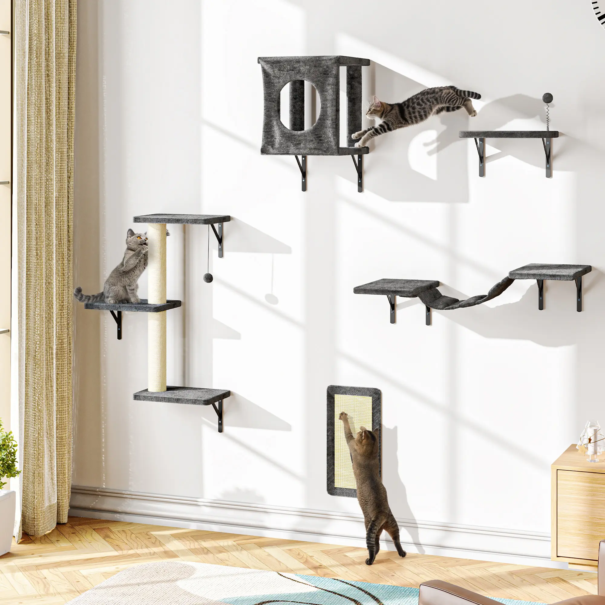 5-Piece Wall Mounted Cat Climbing Set – Soft House, Cat Scratching Board, Cat Tree, Cat Hammock &  Cat Juamping Platform,Summervibes