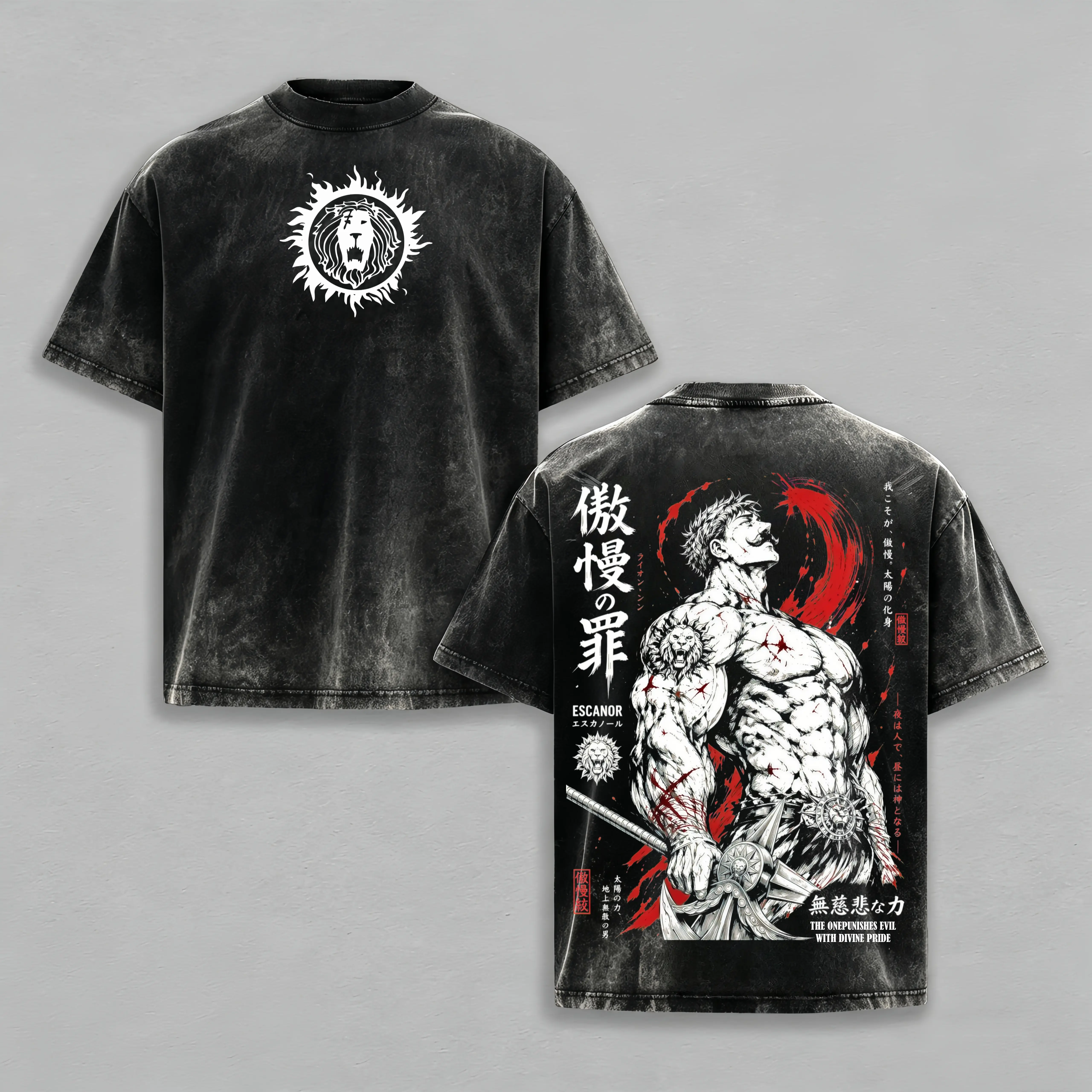Escanor Seven Deadly Sins Vintage Washed Tee – Escanor The One  Sunshine Magic  Lion Sin of Pride  Japanese Irezumi Gothic Tattoo Art  Heavy Cotton Unisex Oversized Anime Manga Streetwear Top