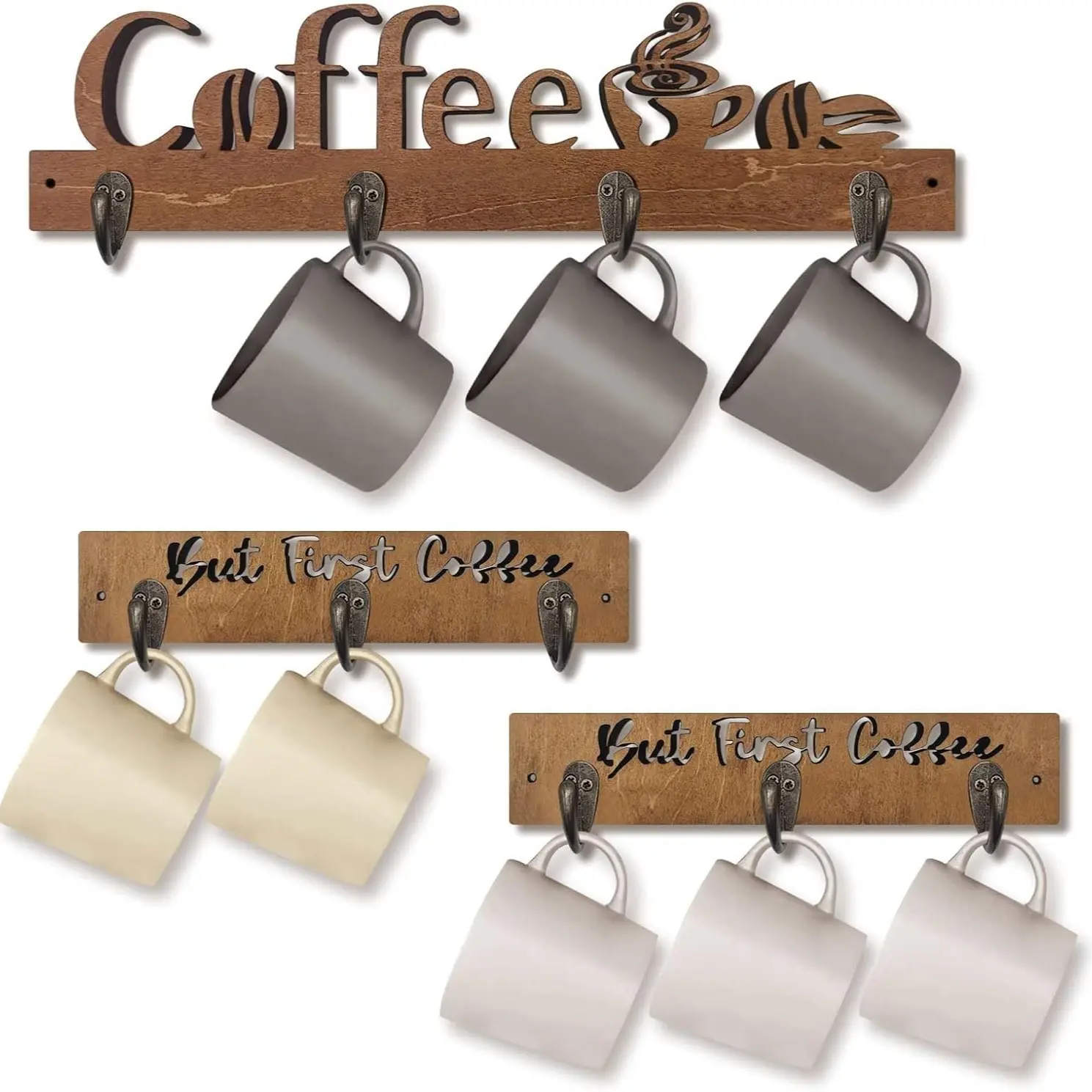 3 Pack Wall Mounted Mug Rack Cup Holder with 10 Sturdy Hooks, Oak Wooden Material Kitchen Wall Decor, Mug Organizer with Versatile Use for Kitchen, Coffee Bar, Office