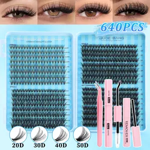 640 sets fake eyelash extension kits, high capacity, 20D/30D/40D/50D, individual clusters, D-type curled, Diy eyelash extensions, including Eyelash extension glue, sealants, tools
