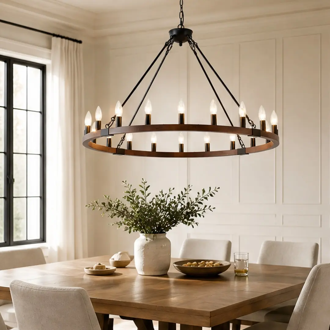ARCH 39.3-Inch Wagon Wheel Design Chandelier, 20-Light Rustic Farmhouse Pendant Light with Seeded Glass Shades, Adjustable Chains, Matte Black Metal-Wood Build, Incandescent/Halogen Base, for Living Room, Dining Room