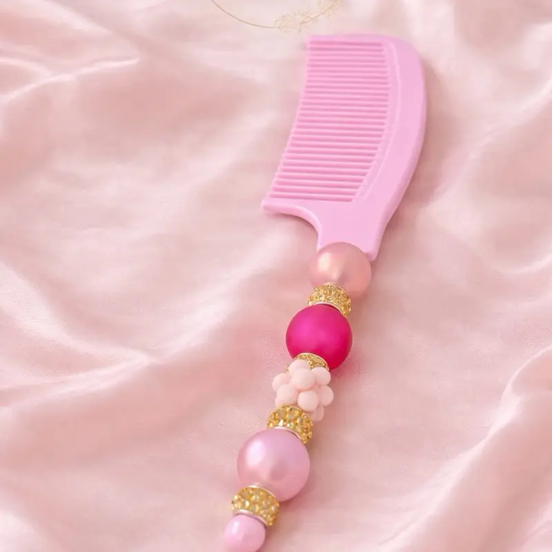 Pink Beaded Comb with Colorful Beads and Gold Accents for Stylish Hair Care