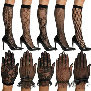 Women's Black Lace Gloves and Fishnet Knee High Socks Set, 5 Pairs Floral Sheer Mesh Gloves & Patterned High Thigh Stockings for Tea Party, Wedding, Church, Elegant Costume Accessories