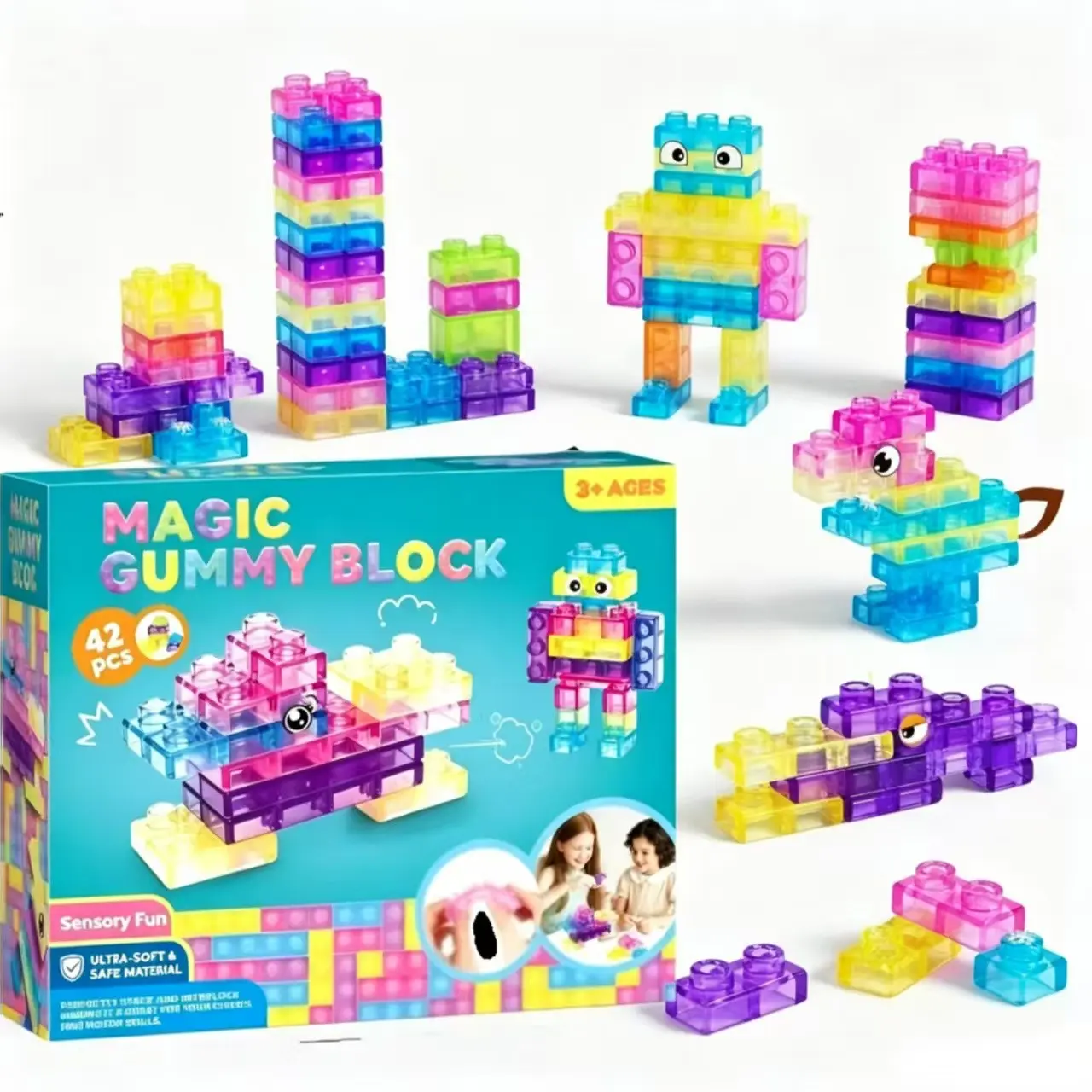Jelly Block Educational Building Toy, Soft Gel Blocks for Kids Aged 3+, Rainbow Puzzle Blocks, Fun Learning Toys, Stacking Block Game