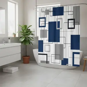 Geometric Bathroom Shower Curtain, Blue Block Pattern, Modern Minimalist Bath Divider, Home Decor, Privacy Screen, Includes Hooks