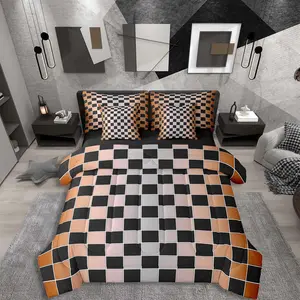 Geometric Plaid Comforter Set with Sheets 7 Piece Orange Greyish Ombre Bed in A Bag Gradient Checkered Bedding Set,for Kids Adults,Aesthetic Gingham Grids Bed Set