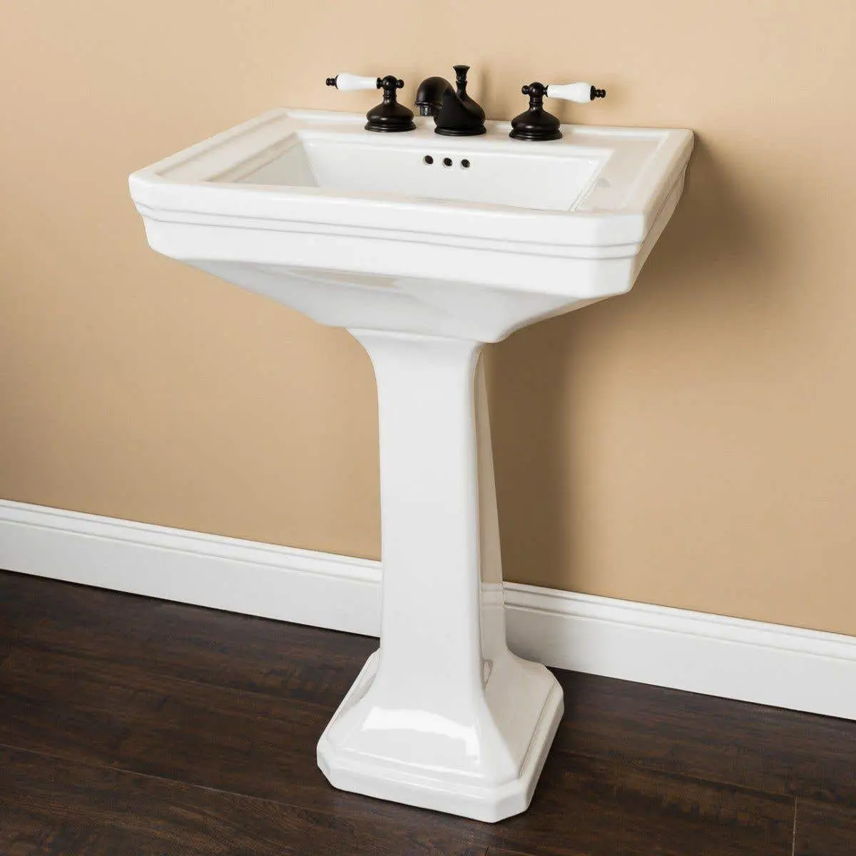 Vintage 26-Inch White Porcelain Pedestal Bathroom Sink with Overflow Holes, Compatible with Standard Faucets, Faucet