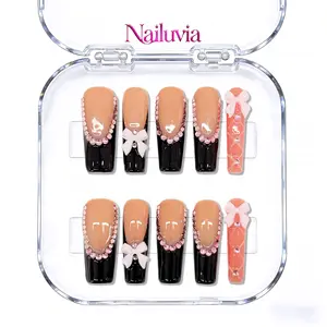 (D061) Pink Bow French Tip Mid-Square (1.3 inch) 10pcs Bangle Nails Y2K sweet cool luxury style handmade acrylic press on nails, 1.3 inch medium square shape, with a smooth, glossy finish for a comfortable fit,Valentine's Day, Reusable and durable