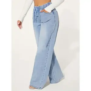 Women's Jeans Chic Womens Blue Drawstring Jeans - Comfort Elastic Waist, Relaxed Baggy Style, Distressed Washed Wide Legs - Premium Denim Clothing