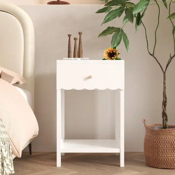 Minimalist White Bedroom Bedside Cabinet - With Drawers, Open Shelves, Cute Modern Side Table for Wave-Edge Bedroom Use