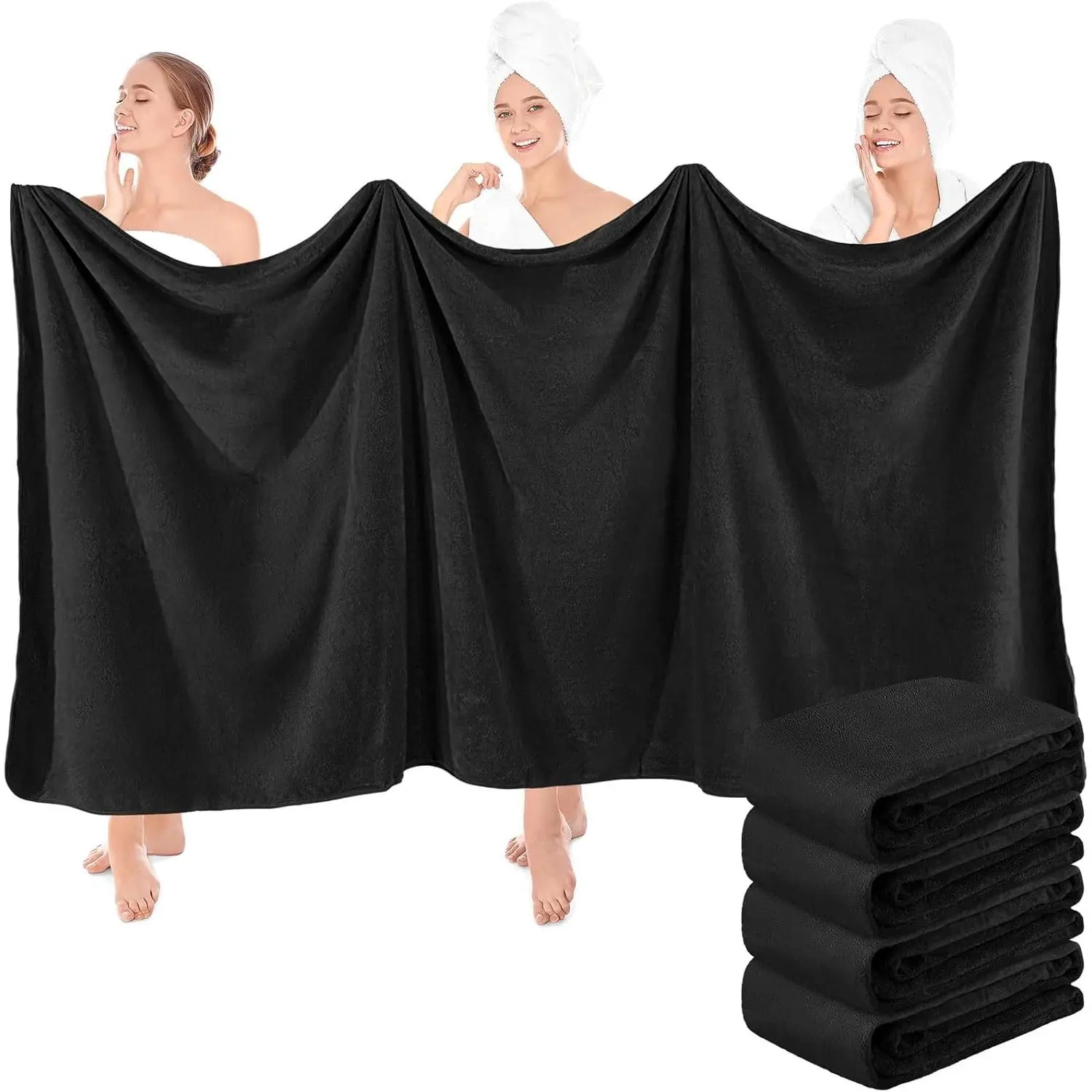 4 Pcs Extra Large Solid Coral Fleece Bath Towels - 40x80 in 350gsm High-Density Microfiber Water-Absorbent Bath Sheets for Adult Home Use (Black)