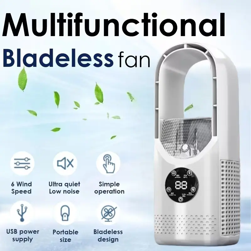 Bladeless USB Tower Cooling Fan - Quiet High-Power High Speed Desktop Spray Air Cooler with Water Mist, 7-Color Dimmable Color-Changing LED Ambient Light, Timer, Auto Shutdown, for Office Use, Dimmable Color-Changing Portable Fans