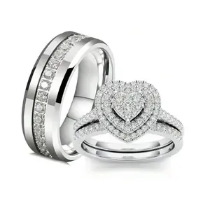 Sterling Silver 925 Heart Shaped Bridal Engagement Rings for Women, Silver Rings with Stones for Men Adjustable Rate Couples Set Daily Bible Verse floating navel bracelet energy magnet good luck gold-plated money attraction bracelet